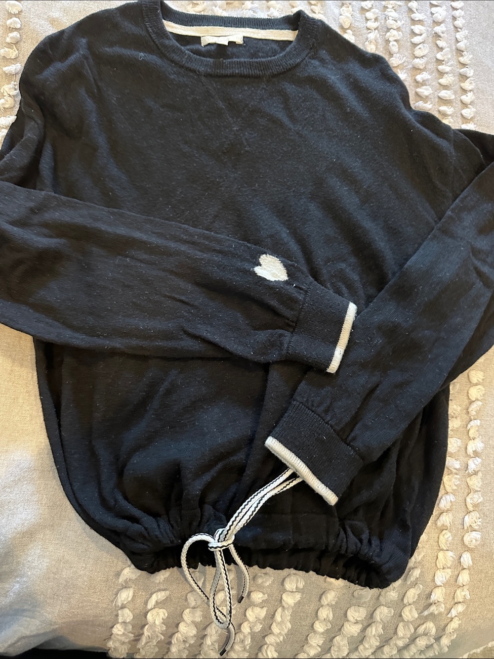 Lisa Todd Black Crewneck Sweater with White Trim and Drawstring